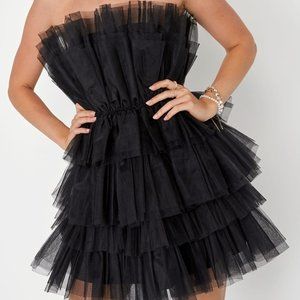 Black Strapless Tiered Tulle Mini Dress